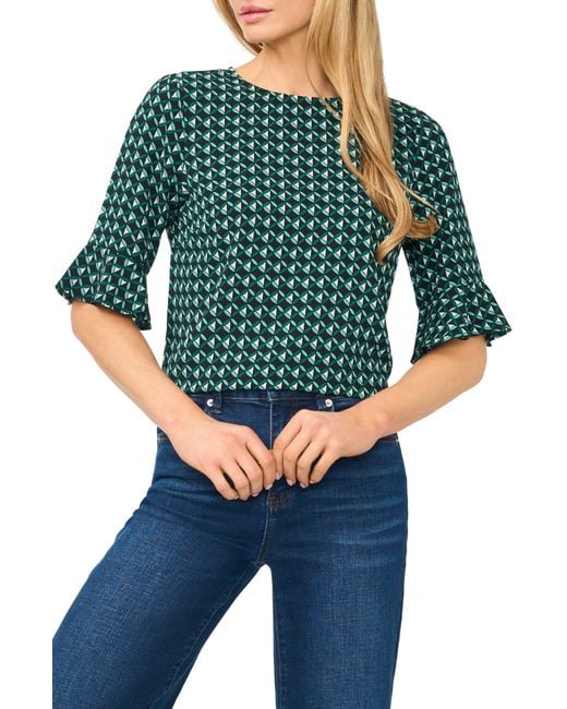 Cece Green Geo Print Ruffle Cuff Top