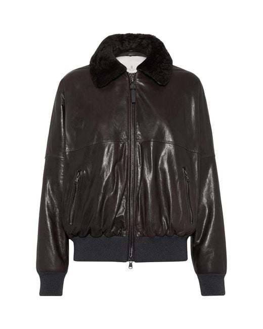 Brunello Cucinelli Black Nappa Leather Bomber Jacket