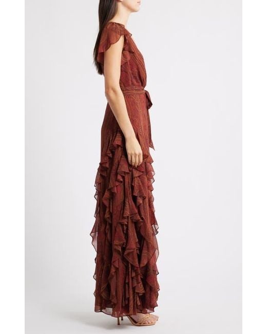 Ralph Lauren Women's Red Paisley Ruffle Trim Flutter Sleeve Gown