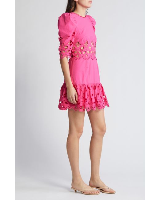 Saylor Pink Auroette Eyelet Puff Sleeve Cotton Poplin Dress