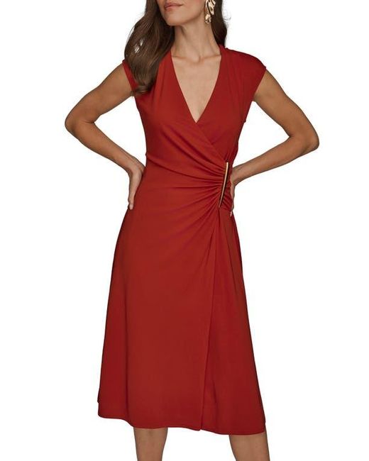 Donna Karan Red Faux Wrap Jersey Midi Dress