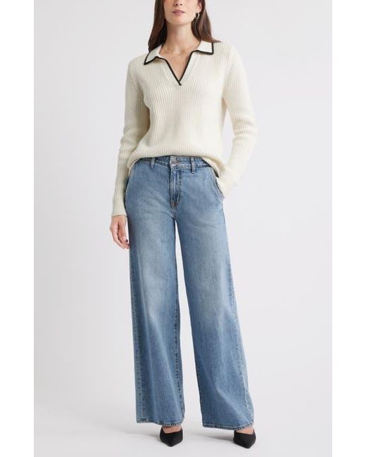 Caslon Blue Johnny Collar Cotton & Wool Sweater