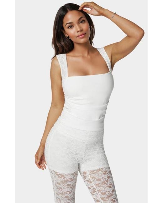 Bebe White Shirring Lace Sleeve Top