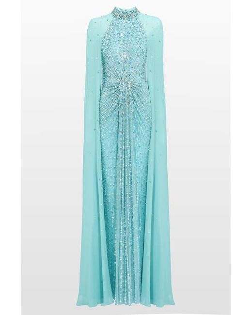 Jenny Packham Blue Thea Embellished Cape Maxi Dress