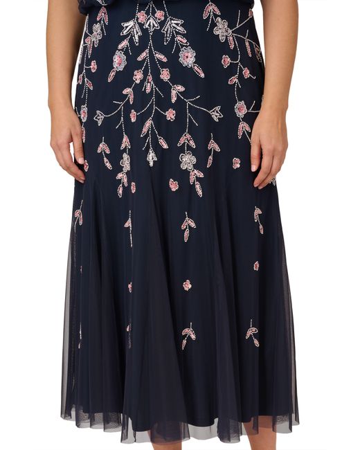 Adrianna Papell Blue Floral Embellished Mesh Midi Gown