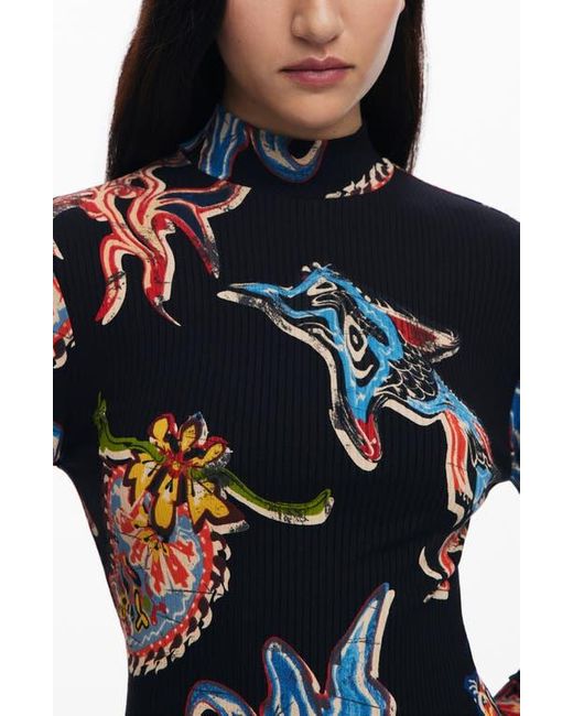 Desigual Black Abstract Print Long Sleeve Midi Dress
