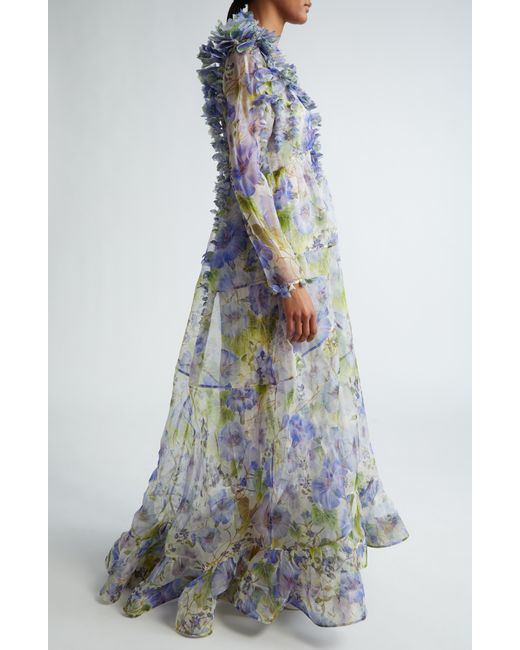 Zimmermann Blue Natura Floral Semisheer Long Sleeve Silk Dress