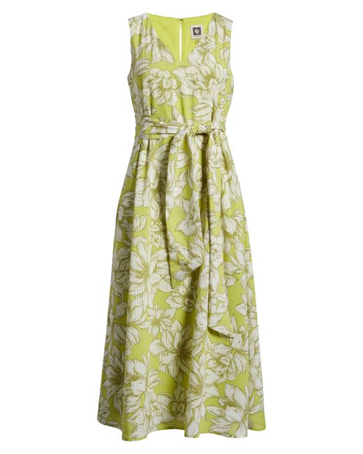 Anne Klein Yellow Floral Print Tie Waist Sleeveless Midi Dress
