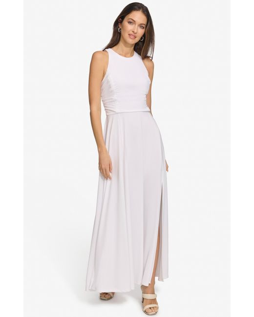 DKNY White Ruched Mesh Trim Sleeveless Maxi Dress