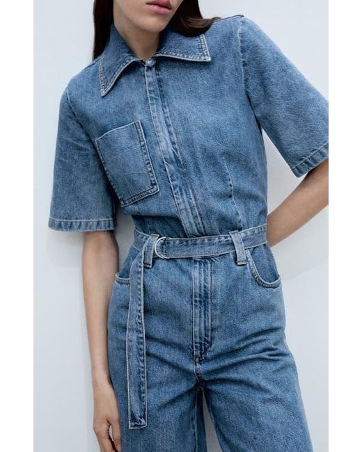Mango Blue Fleur Tie Waist Denim Jumpsuit