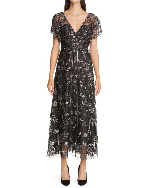 Lela Rose Black Flutter Sleeve Vine Embroidered Tulle Dress