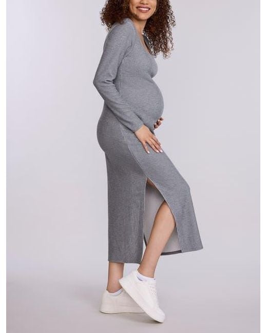 Motherhood Maternity Gray Square Neck Rib Knit Long Sleeve Bodycon Maxi Dress
