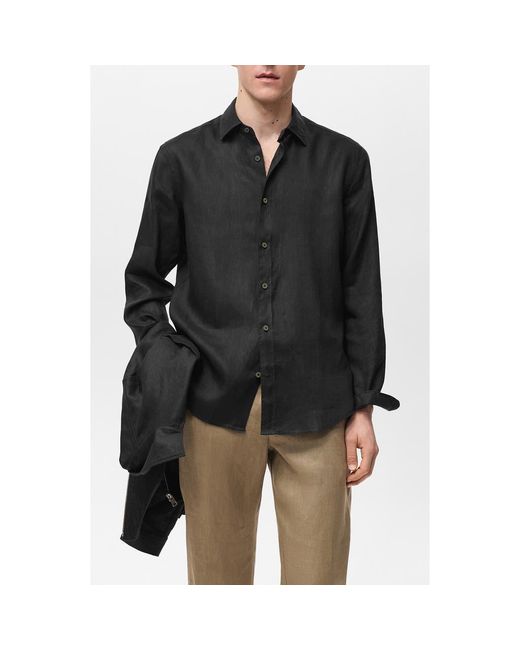 Mango Black Regular Fit Linen Button-Up Shirt for men