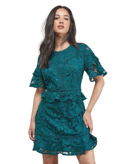 Oasis Women's Blue Lace Trim Detail Frill Sleeve Mini Dress Oasis Women's Blue Lace Trim Detail Frill Sleeve Mini Dress