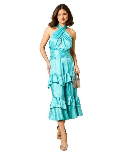 Oasis Blue Halterneck Satin Jacquard Midi Dress