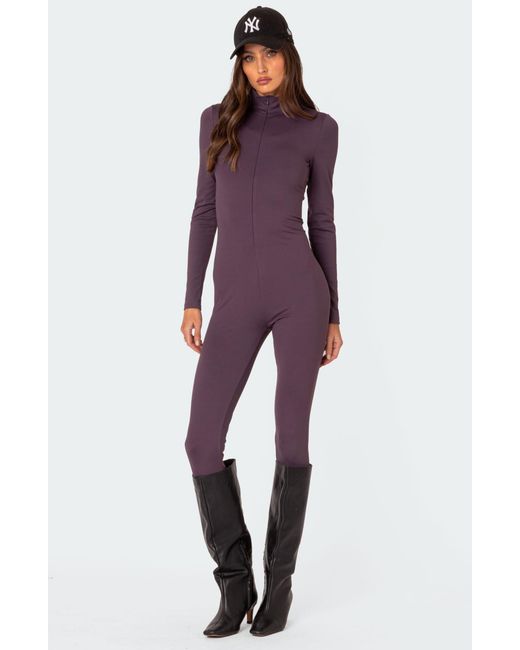 Edikted Purple Zip Front Long Sleeve Jumpsuit