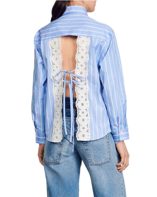 Sandro Blue Davie Stripe Lace Accent Open Back Cotton Button-up Shirt