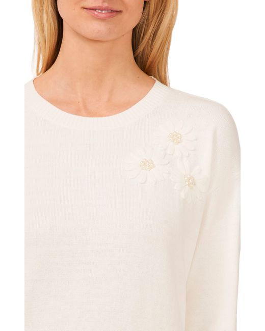 Cece White Imitation Pearl Floral Embroidered Sweater