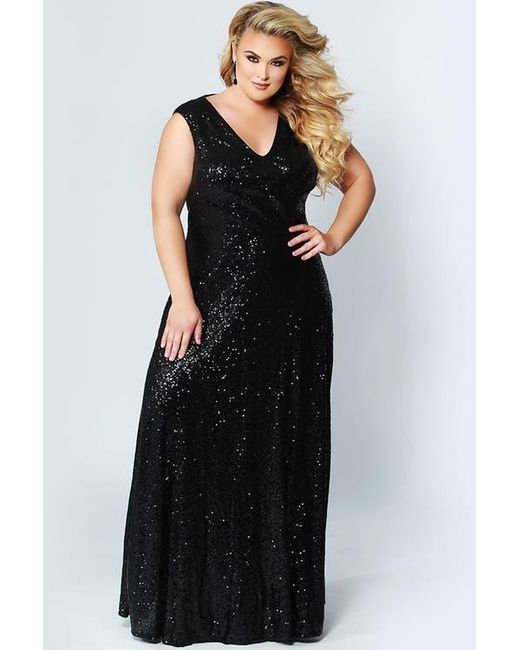 Celebrations by Sydneys Closet Black V-Neck Plus Size Sleeveless Sequin Maxi Dress