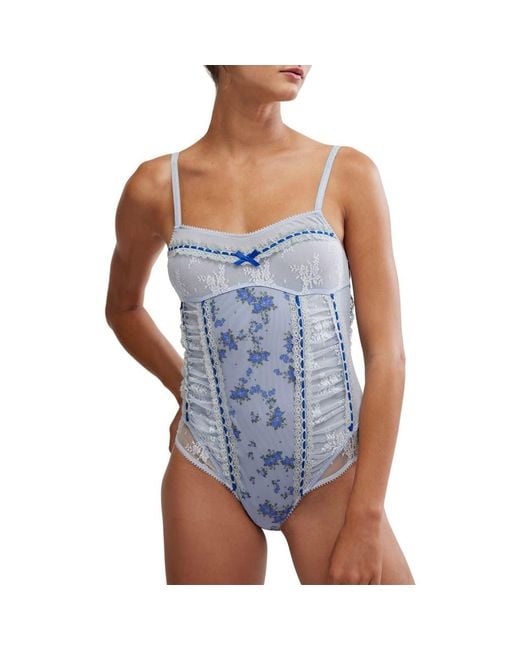 Free People Blue Sara Floral Print Lace Corset Bodysuit