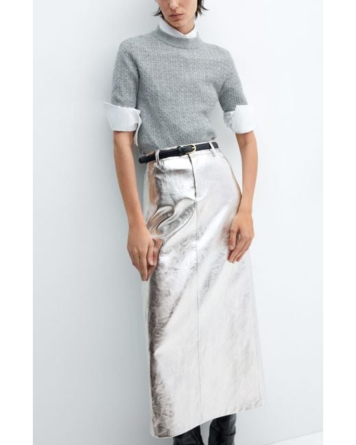 Mango Gray Metallic Faux Leather Midi Skirt