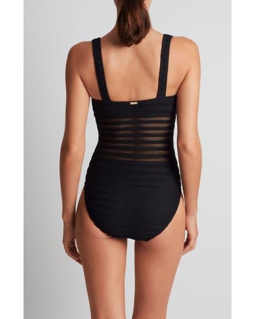 Ralph Lauren Black Mesh Stripe One-Piece Swimsuit