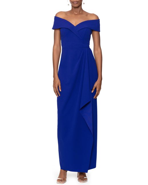 Xscape Off The Shoulder Scuba Evening Gown in Blue | Lyst