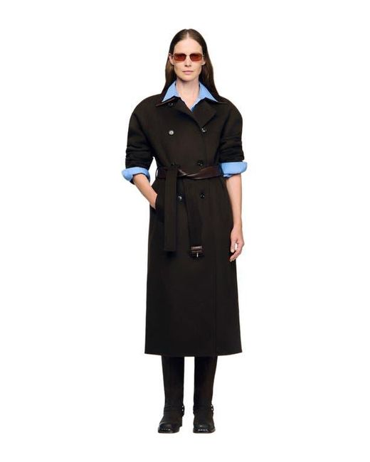 Sandro Black Long Wool And Leather Coat