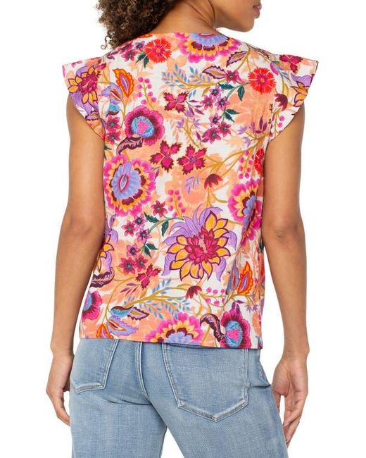 Liverpool Los Angeles Red Floral Print Flutter Sleeve Button-Up Shirt