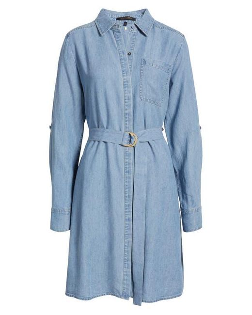 Kobi Halperin Blue Tie Waist Button Front Long Sleeve Chambray Dress