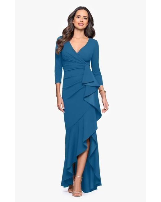 Betsy & Adam Blue Ruffle Scuba Crepe Faux Wrap High-Low Mermaid Gown