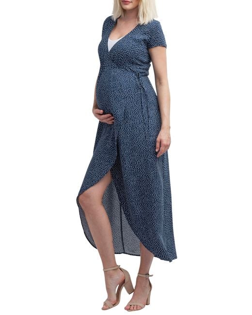 Nom Maternity Blue Delilah Maternity/nursing Wrap Maxi Dress