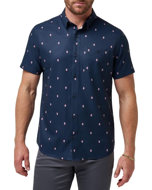 Travis Mathew Blue Lava Bed Diamond Print Short Sleeve Stretch Button-up Shirt for men