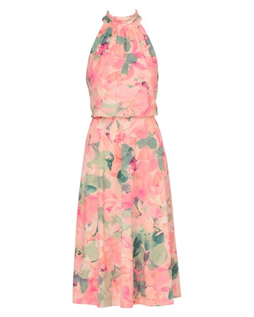 Adrianna Papell Multicolor Floral Mock Neck Chiffon Cocktail Midi Dress