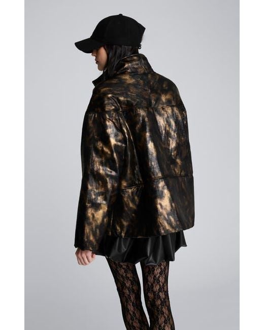Kenneth Cole Black Animal Print Foiled Satin Seamed Puffer Jacket