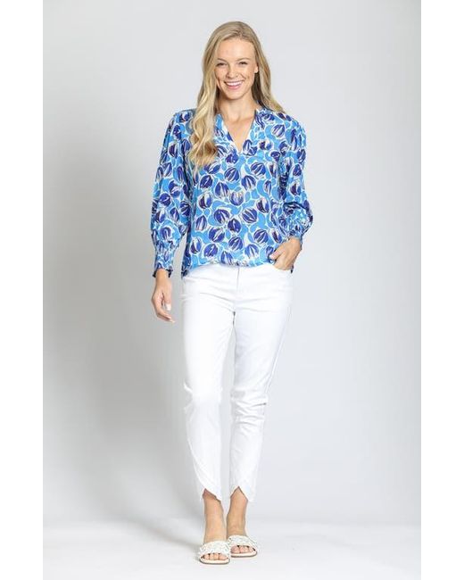 Apny Blue Print Smocked Cuff Top