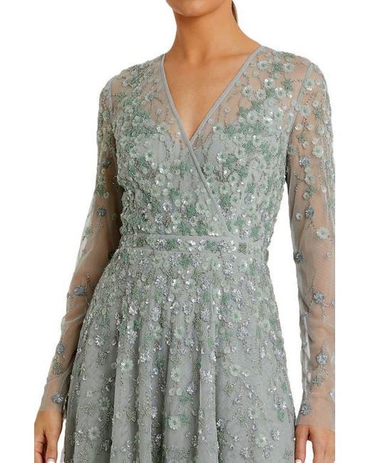Mac Duggal Gray Embellished Wrap Over Illusion Long Sleeve A Line Gown