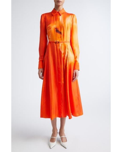 Jason Wu Red Watercolor Floral Print Pleated Long Sleeve Silk Twill Shirtdress