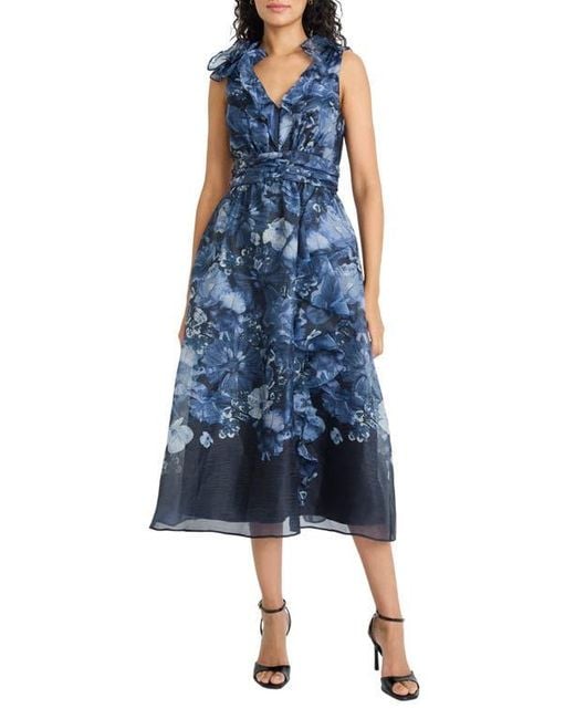 Maggy London Blue Ruffle V-Neck Organza Cocktail Dress