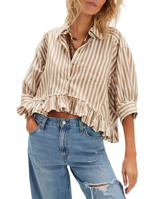 Free People Blue Bailey Stripe Ruffle Hem Cotton Button-Up Shirt