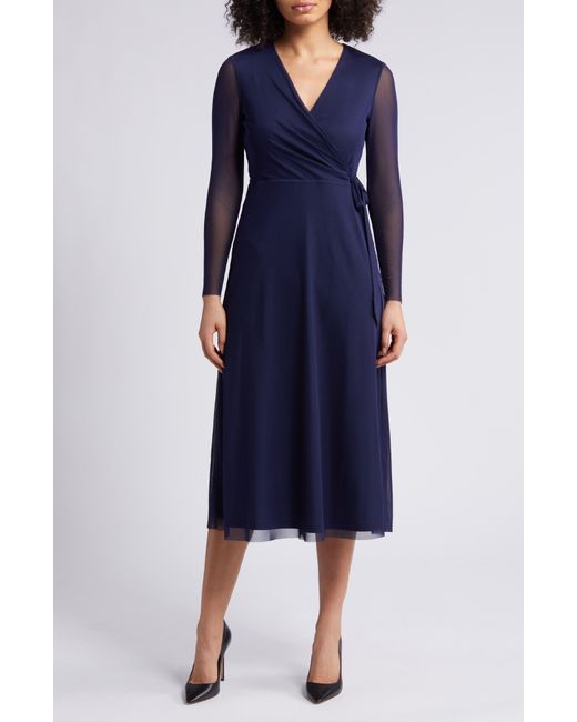Anne Klein Blue Long Sleeve Midi Wrap Dress