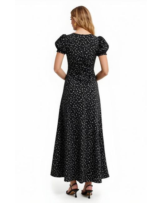 Modenaire Black Floral Print Maxi Dress With Puff Sleeves