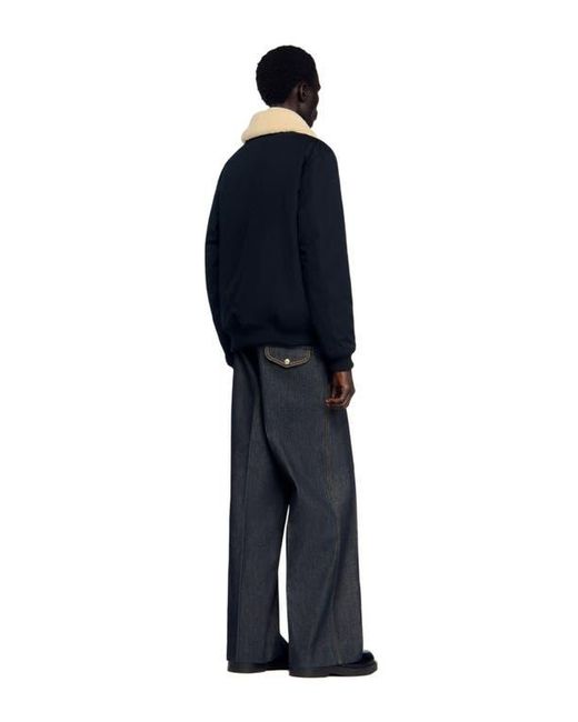 Sandro Blue Shearling Collar Aviator Jacket for men