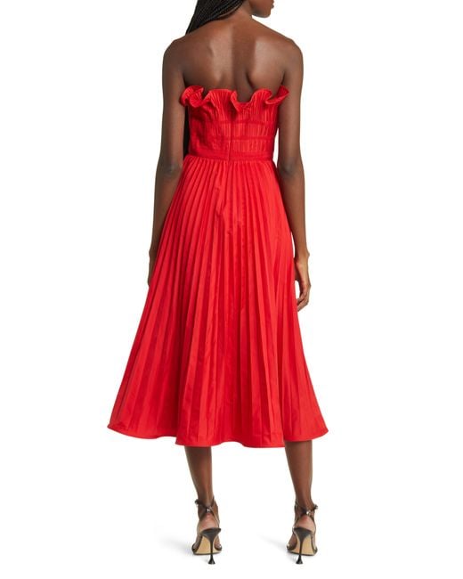 Moon River Red Strapless Pleated Midi Dress