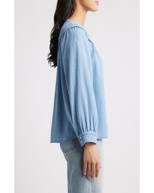Wit & Wisdom Blue Split Neck Balloon Sleeve Top
