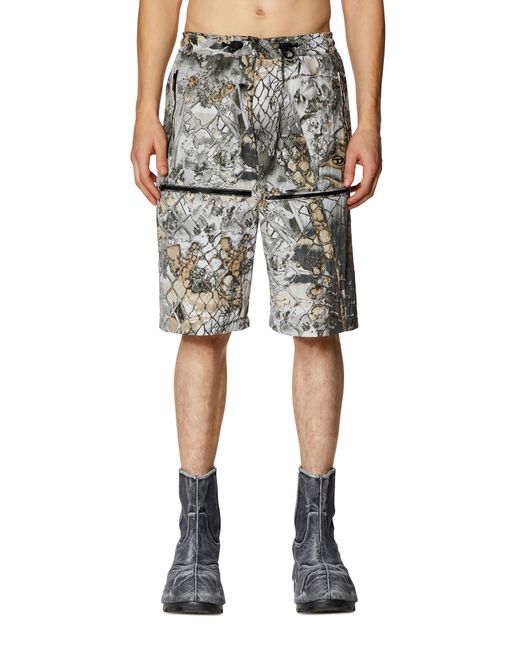 DIESEL Gray Nylon Cargo Shorts With Abstract Print for men