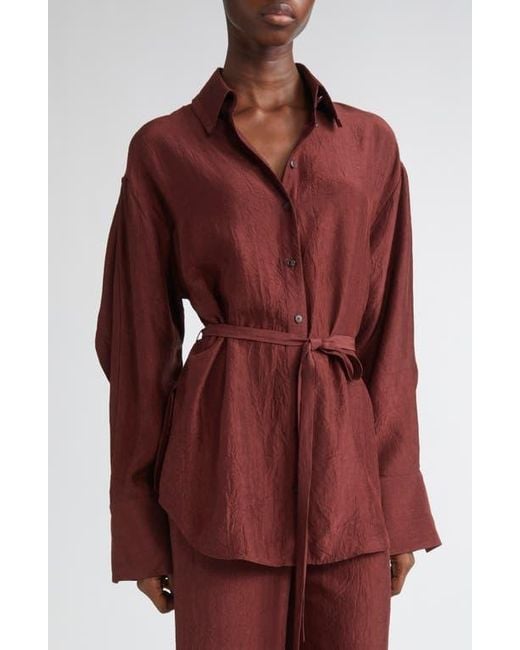 Jason Wu Red Oversize Belted Crinkled Satin Button-Up Top