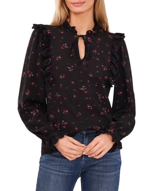 Cece Black Floral Ruffle Split Neck Blouse
