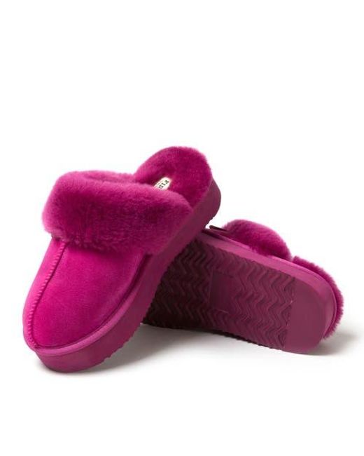 Dearfoams Pink Fireside Melton Genuine Shearling Platform Scuff Slipper
