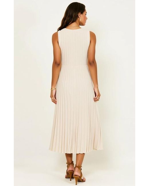Modenaire Natural Sleeveless Ribbed Knit Midi Dress With Flowy Pleated Hem